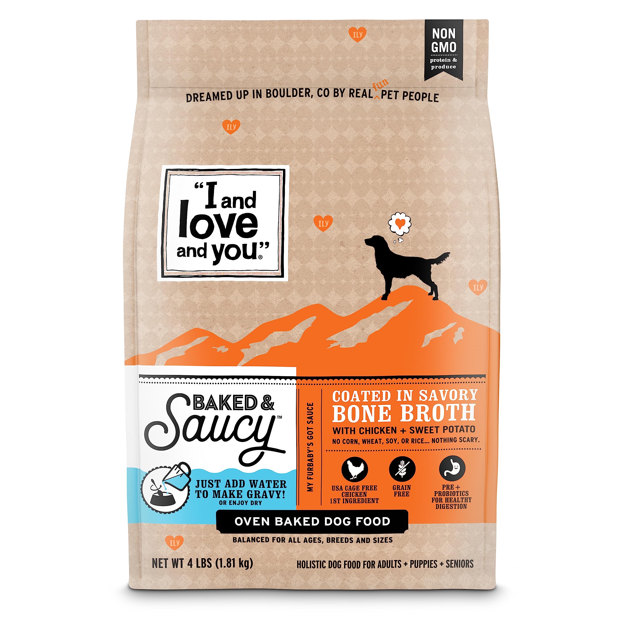 I AND LOVE AND YOU "Baked & Saucy" Grain Free Kibble Dry Dog Food with Gravy Coating (Chicken and Sweet Potato)