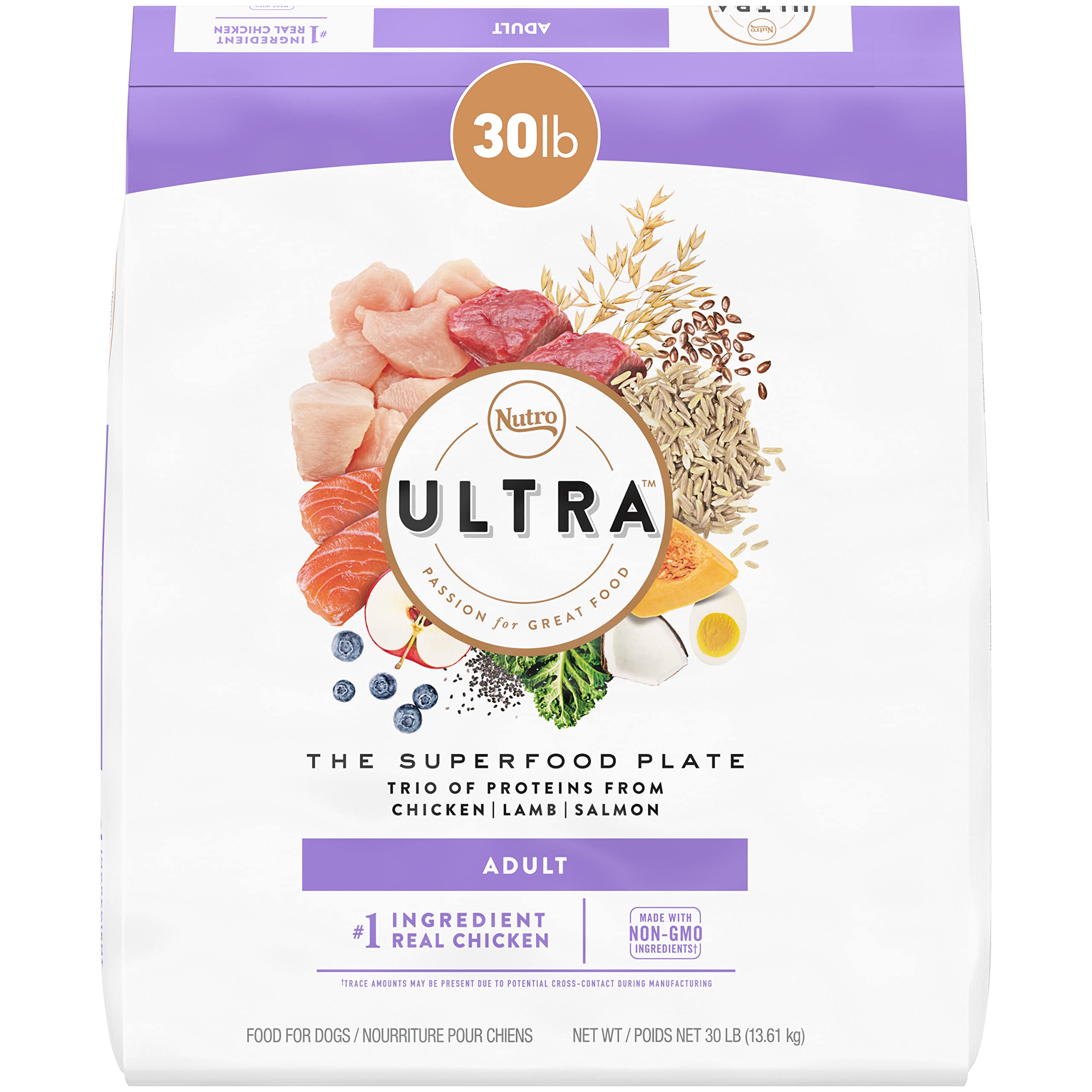 NUTRO ULTRA Adult High Protein Natural Dry Dog Food with a Trio of Proteins from Chicken, Lamb and Salmon, 30 lb. Bag 30 Pound (Pack of 1)