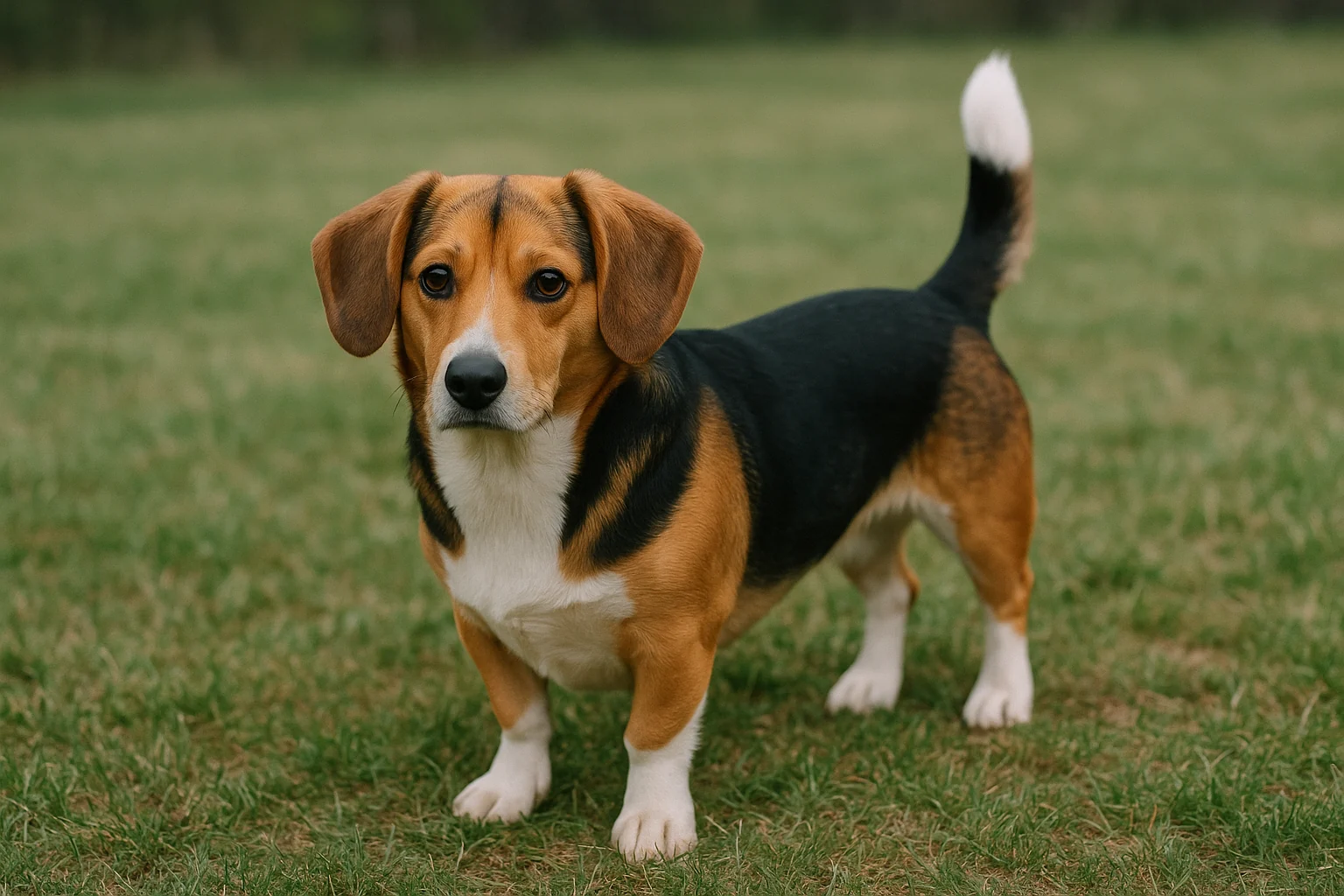 A tricolor Beagle Corgi mix with short legs and a white-tipped tail standing on grass