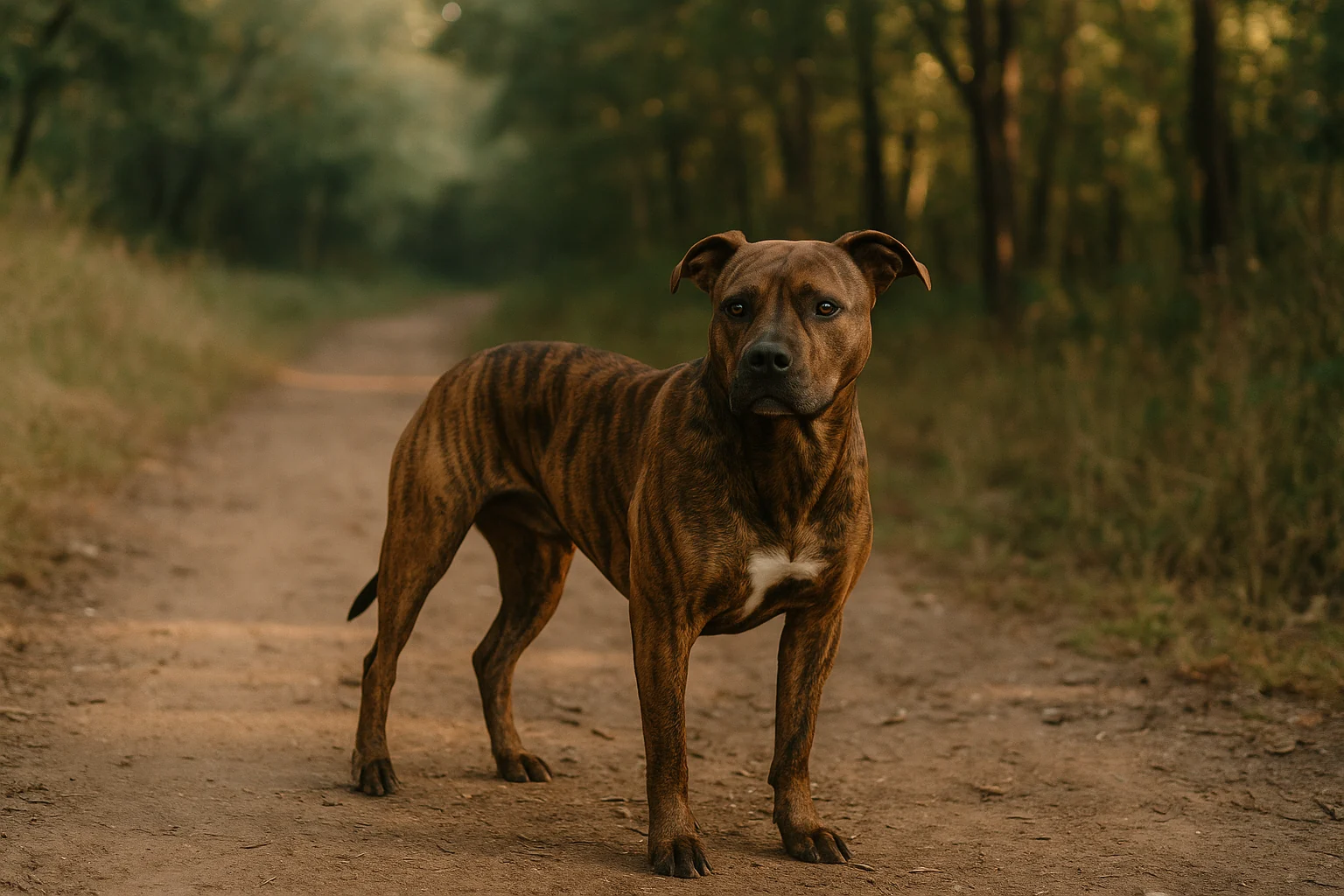 A brindle Mountain Cur Pit Bull mix standing on a woodland trail