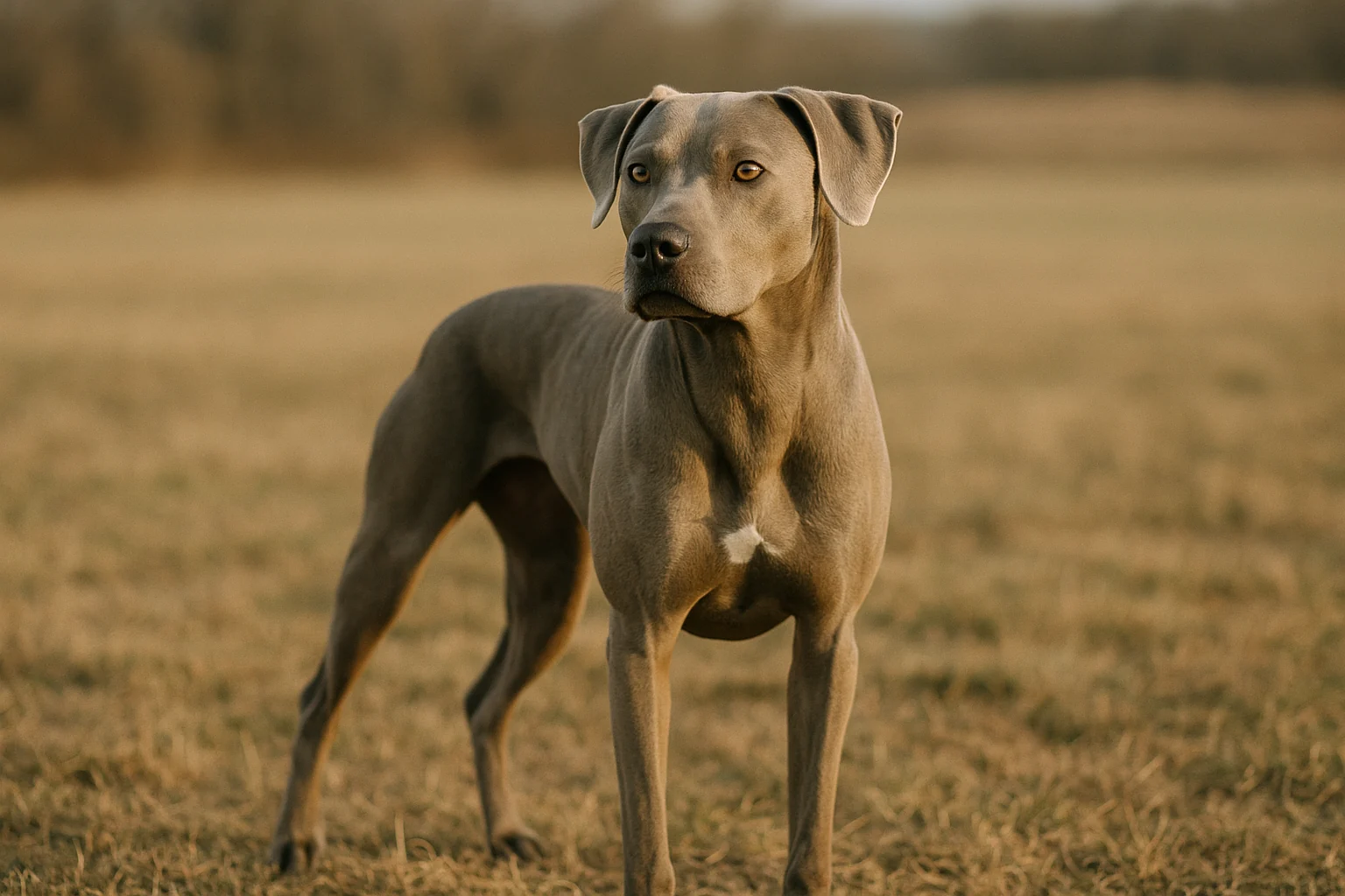 A gray Weimaraner Pit Bull mix standing alert in an open field